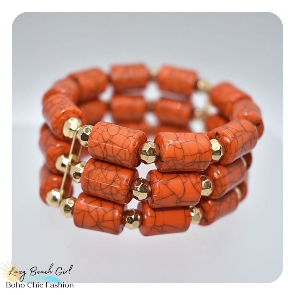 Boho Orange Beaded Stretch Bracelet